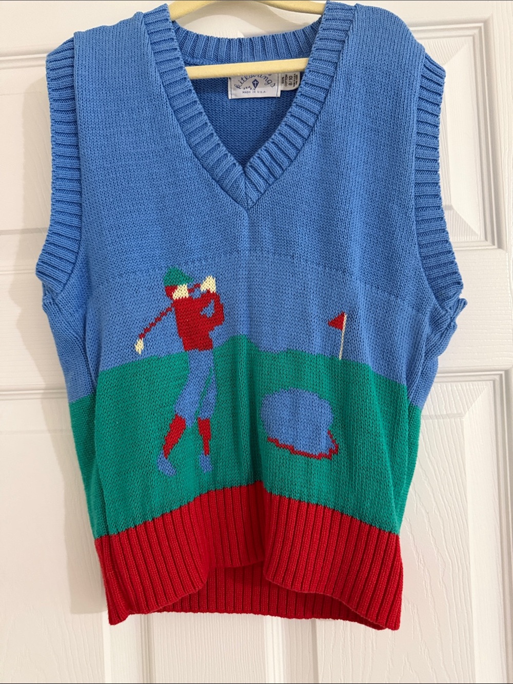 Golf Scene Knit Sweater Vest in Blue, Green & Red